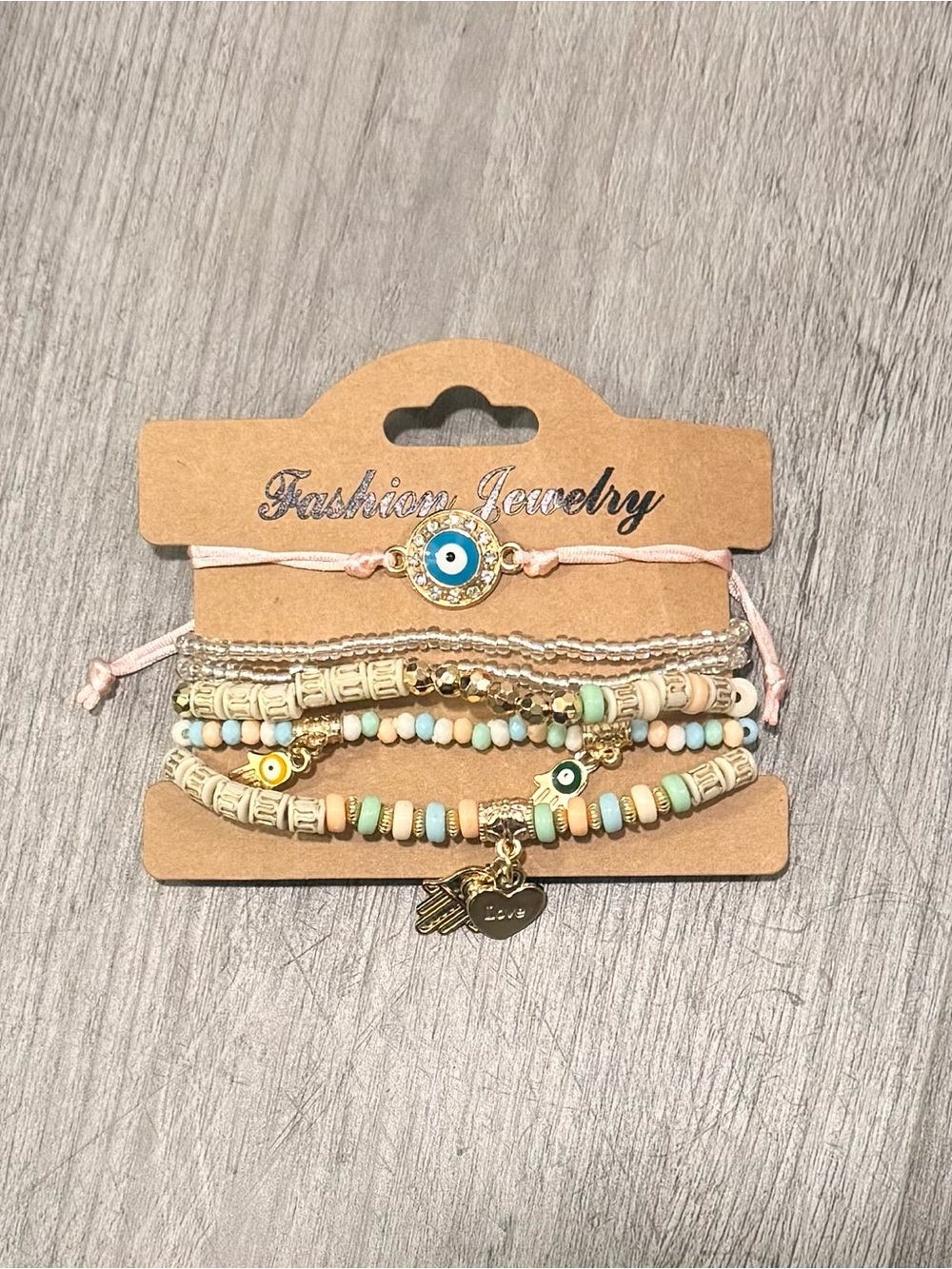 Fashion Jewelry Gold and Pastel Beaded Multi-Row Bracelet Set with Blue Evil Eye